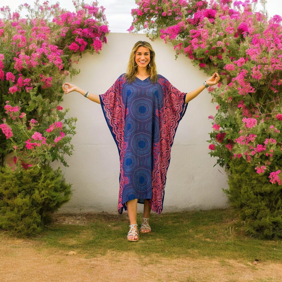 Blue Pink Floral Mandala Boho Kaftan