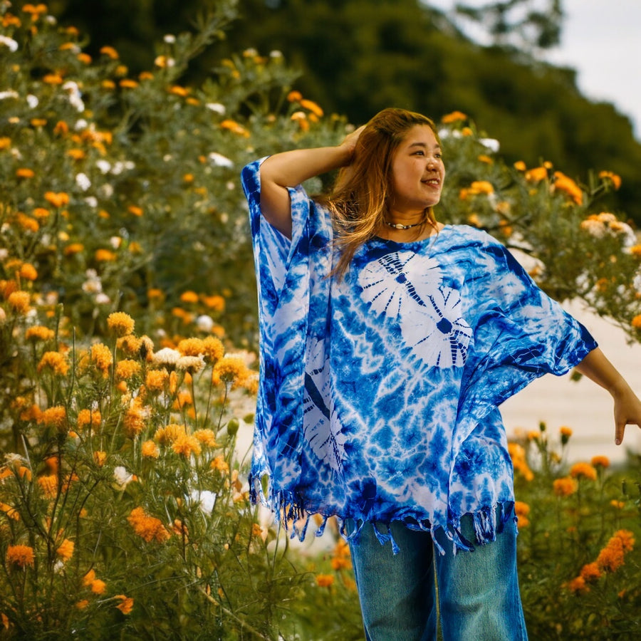 Blue Horizon Tie Dye Poncho Hand Dyed Tunic Kaftan Blouse Oversize Top