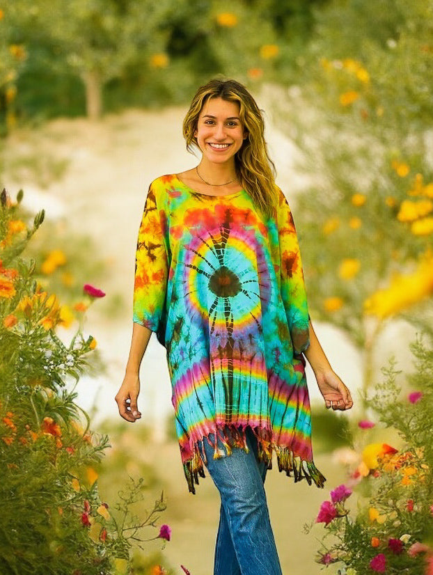 Radiant Spectrum Poncho Hand Dyed Tunic Kaftan Blouse Oversize Top