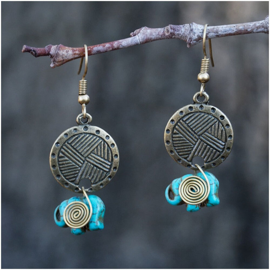 Turquoise Elephant Brass Boho Earrings