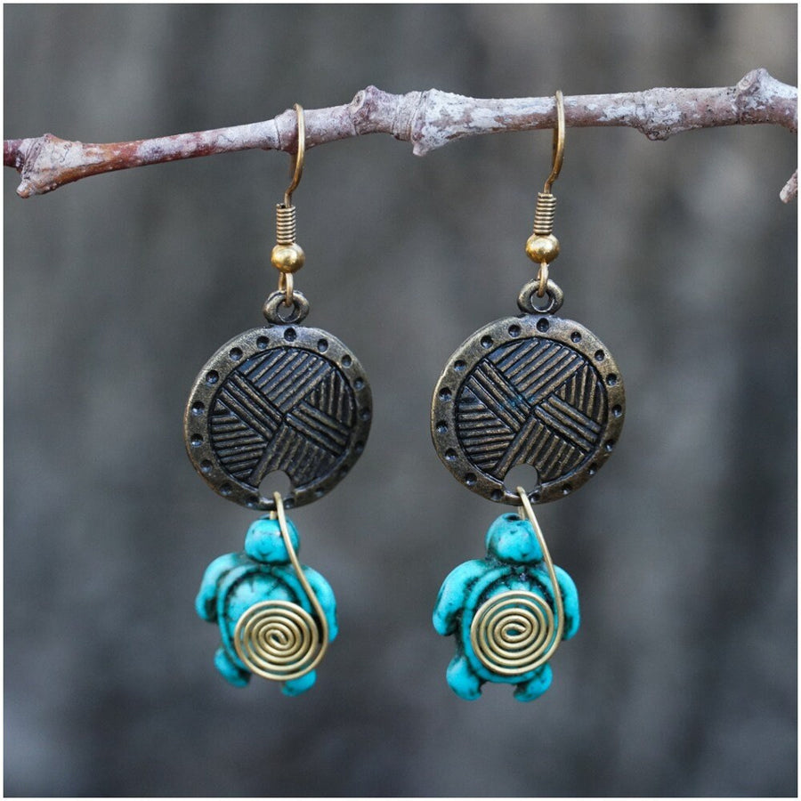 Turquoise Turtle Brass Earrings