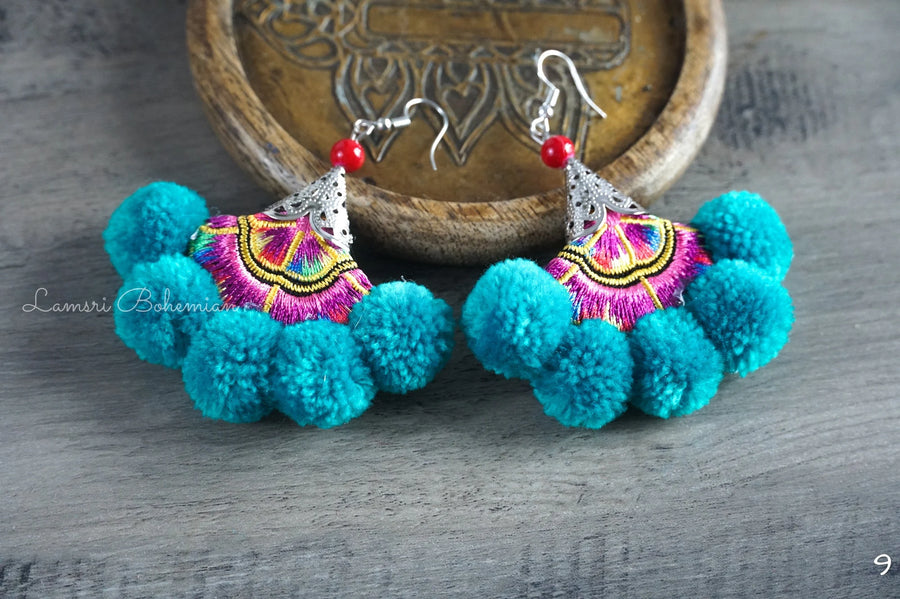 Turquoise Bliss Embroidered Pom Pom Earrings