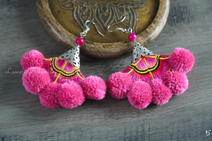 Pink Blossom Embroidered Pom Pom Earrings