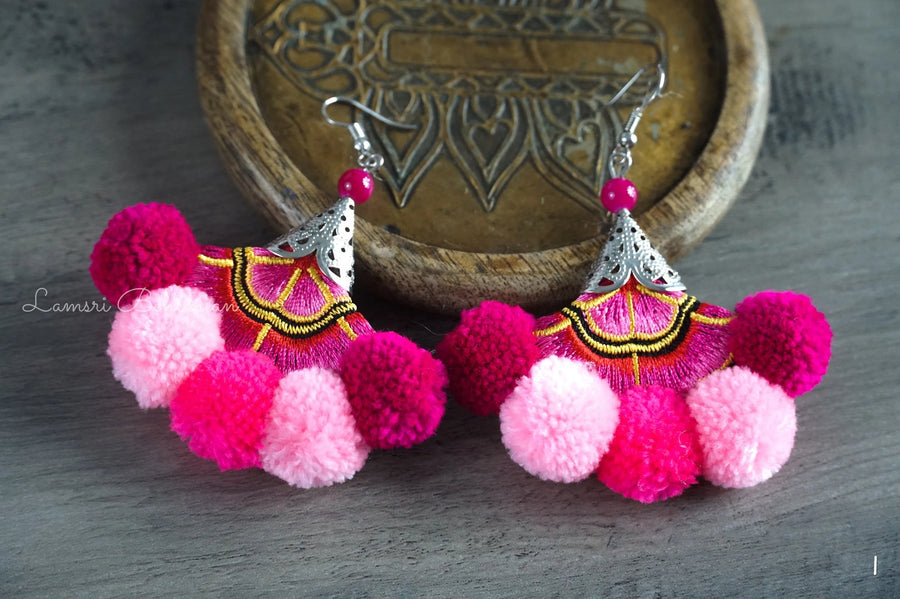 Pink Passion Embroidered Pom Pom Earrings