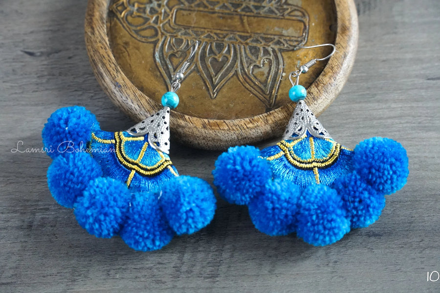 Azure Bloom Embroidered Pom Pom Earrings