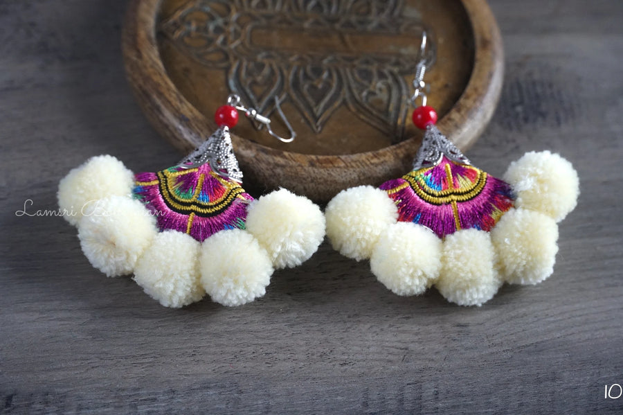 Ivory Dream Embroidered Pom Pom Earrings