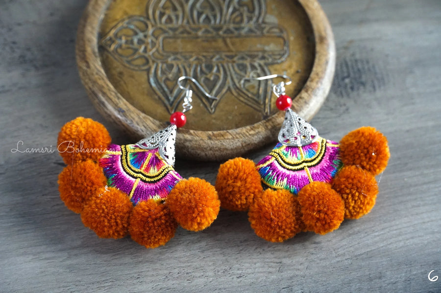 Golden Sunset Embroidered Pom Pom Earrings