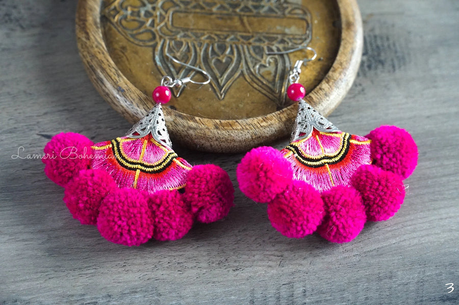 Fuchsia Bloom Embroidered Pom Pom Earrings