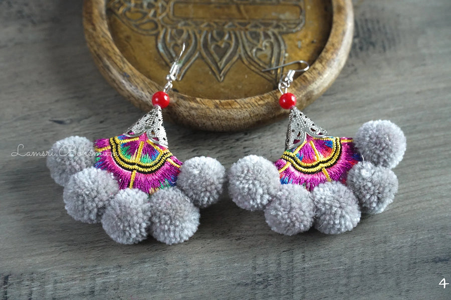 Mystic Bloom Embroidered Pom Pom Earrings