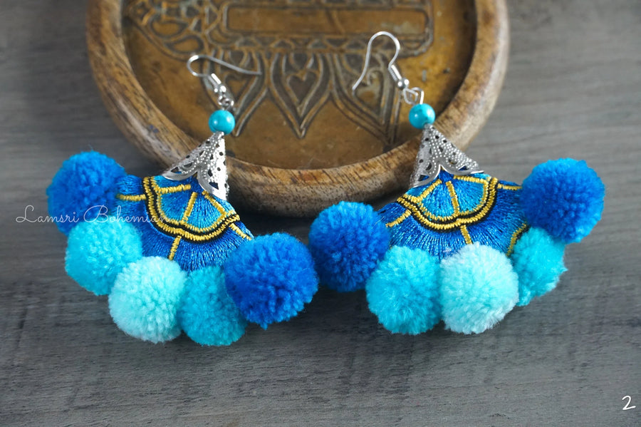 Azure Bliss Embroidered Pom Pom Earrings