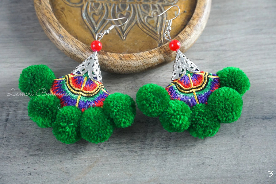 Emerald Charm Embroidered Pom Pom Earrings