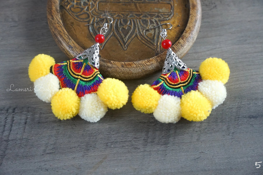 Golden Glow Embroidered Pom Pom Earrings