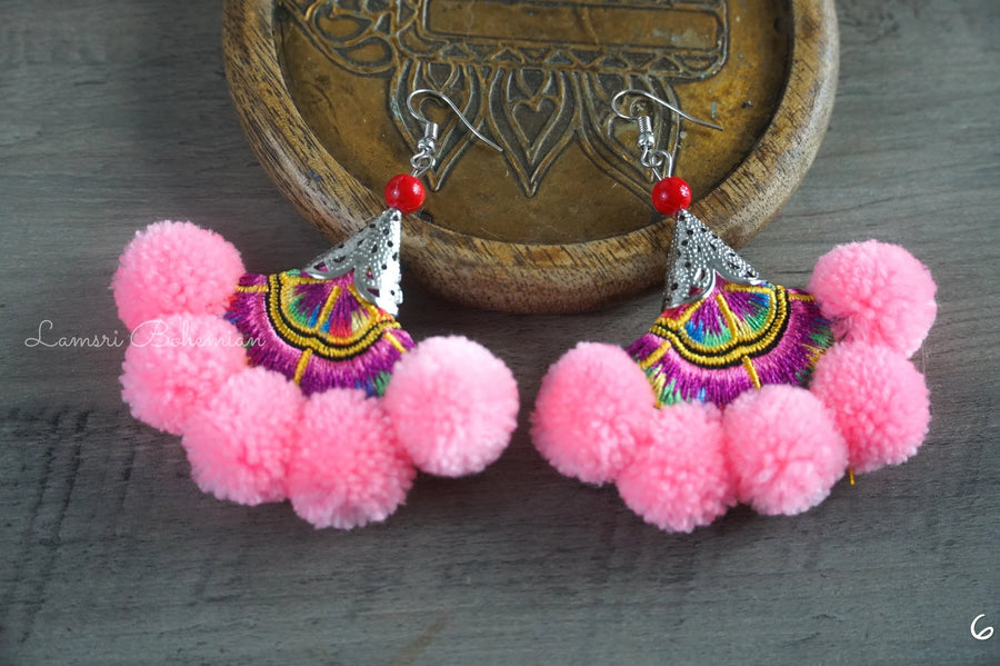 Blush Bloom Embroidered Pom Pom Earrings