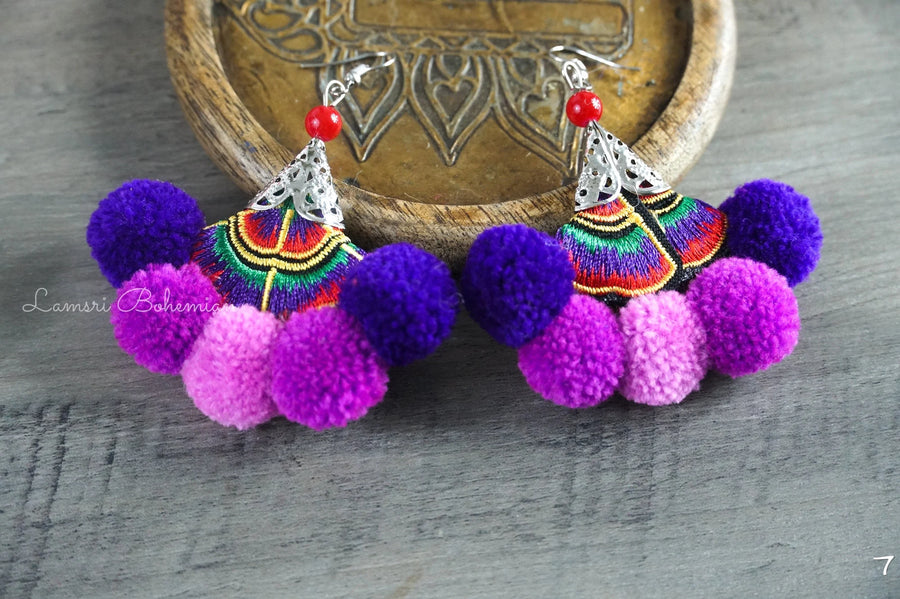 Mystic Bloom Embroidered Pom Pom Earrings