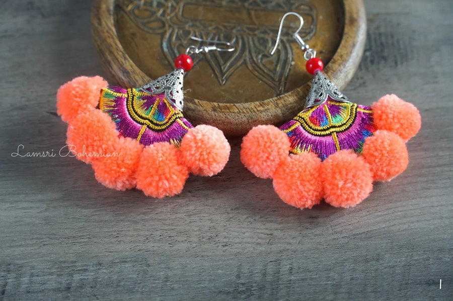 Sunset Bloom Embroidered Pom Pom Earrings