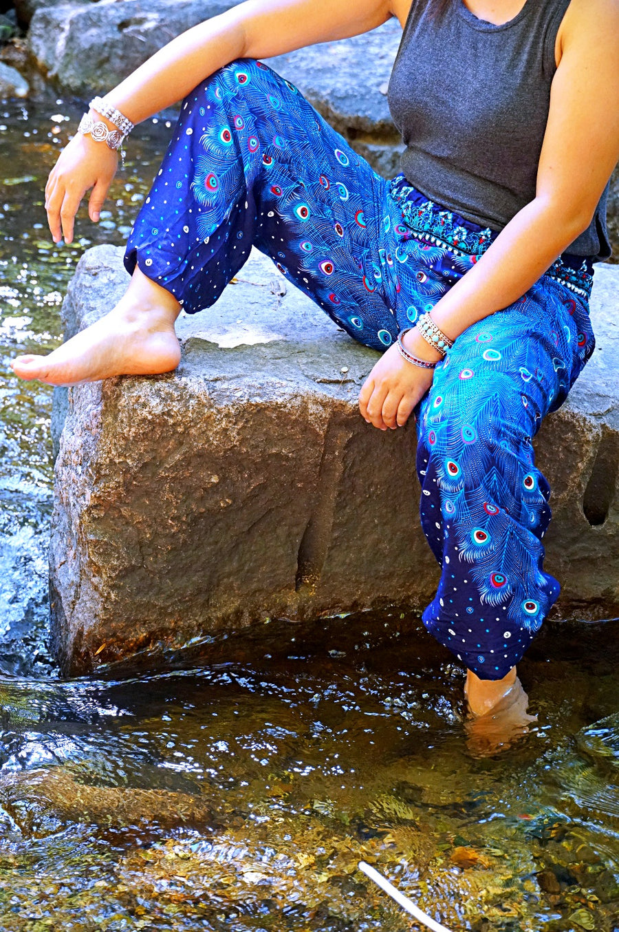 Blue Peacock Feather Harem Pants