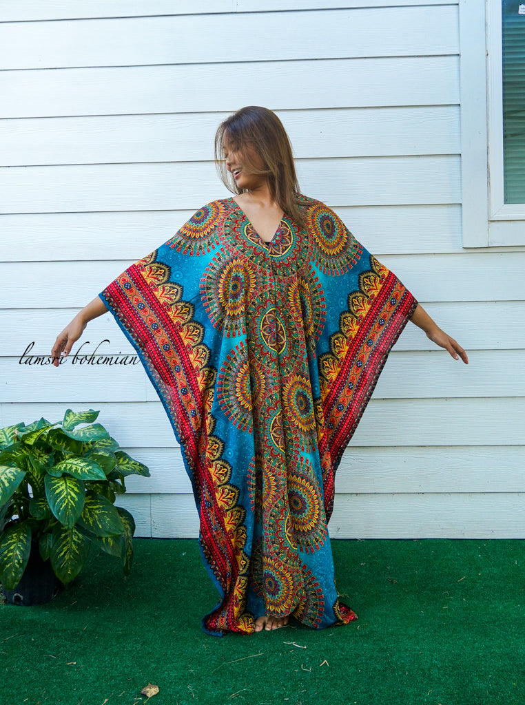 Teal Floral Mandala Boho Kaftan