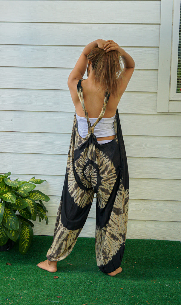 J55 Black and White Tie Dye Hippie Racerback Jumpsuit Romper