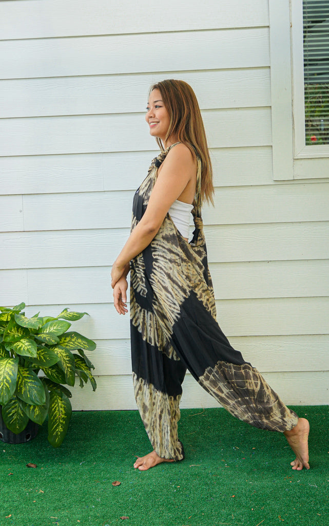 J55- Black and White Tie Dye Hippie Racerback Jumpsuit Romper