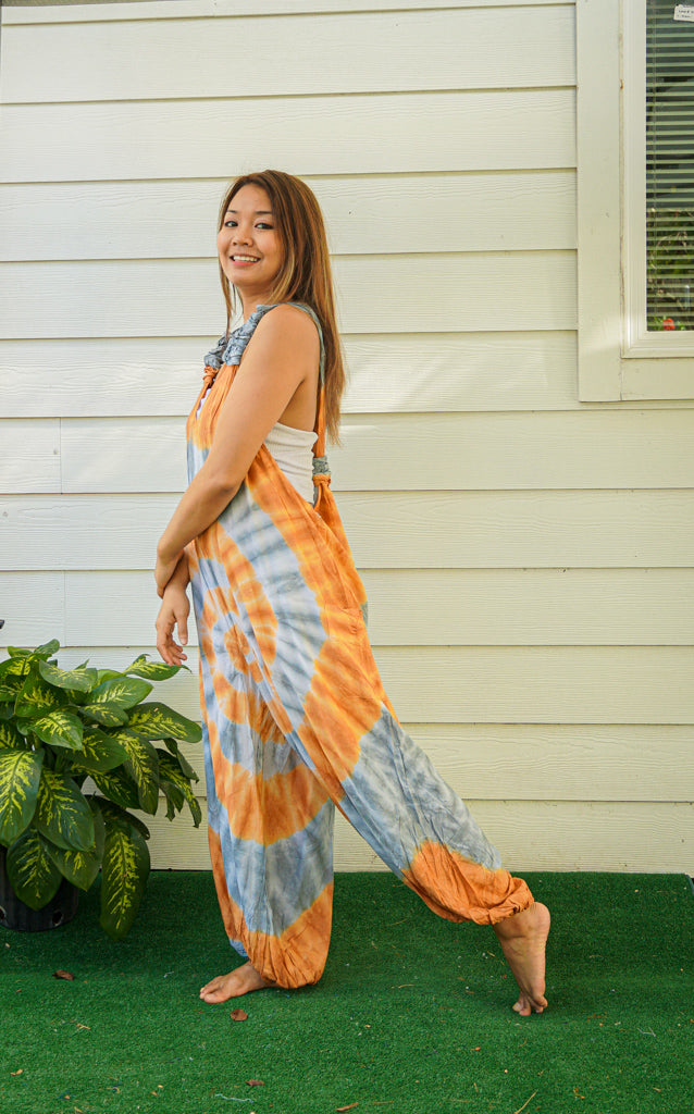 Orange and Gray Swirl Tie Dye Hippie Racerback Jumpsuit Romper