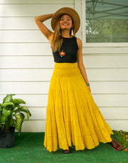 Yellow Raw Crinkled Organic Cotton Gauze Tiered Maxi Skirt