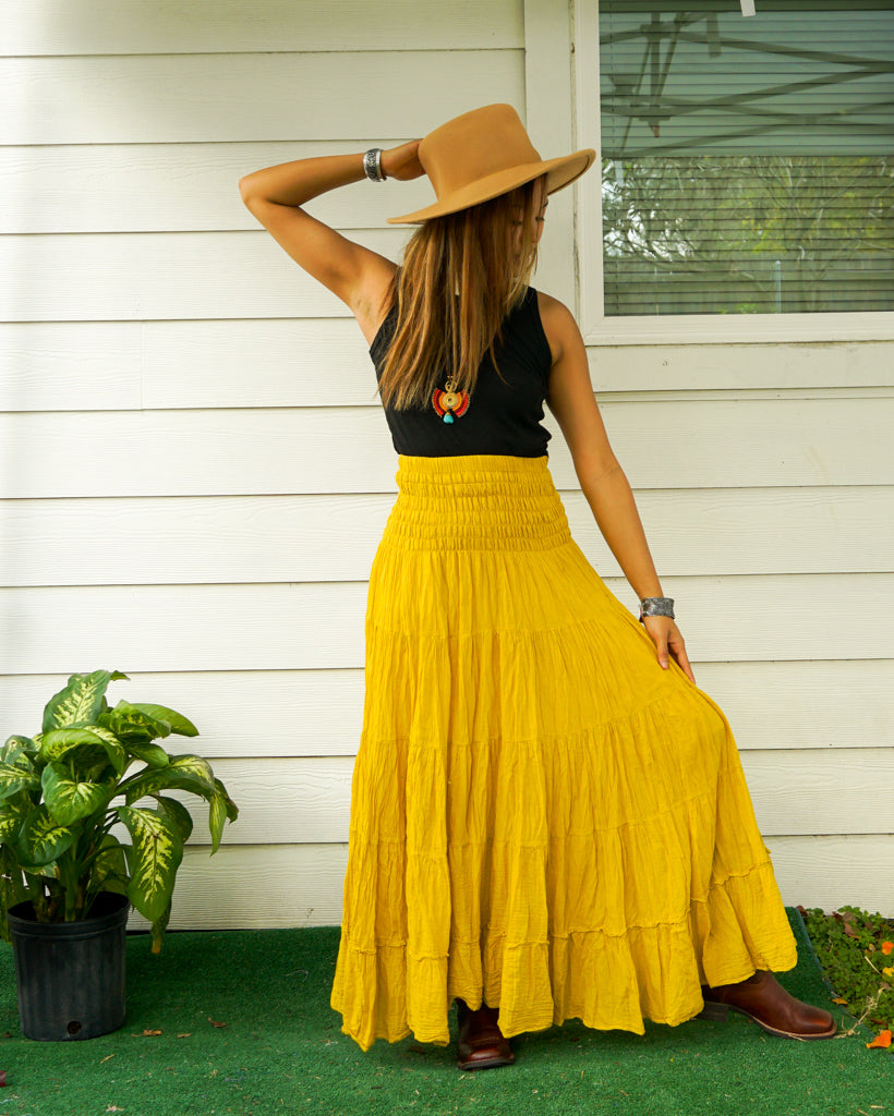 Yellow Raw Crinkled Organic Cotton Gauze Tiered Maxi Skirt