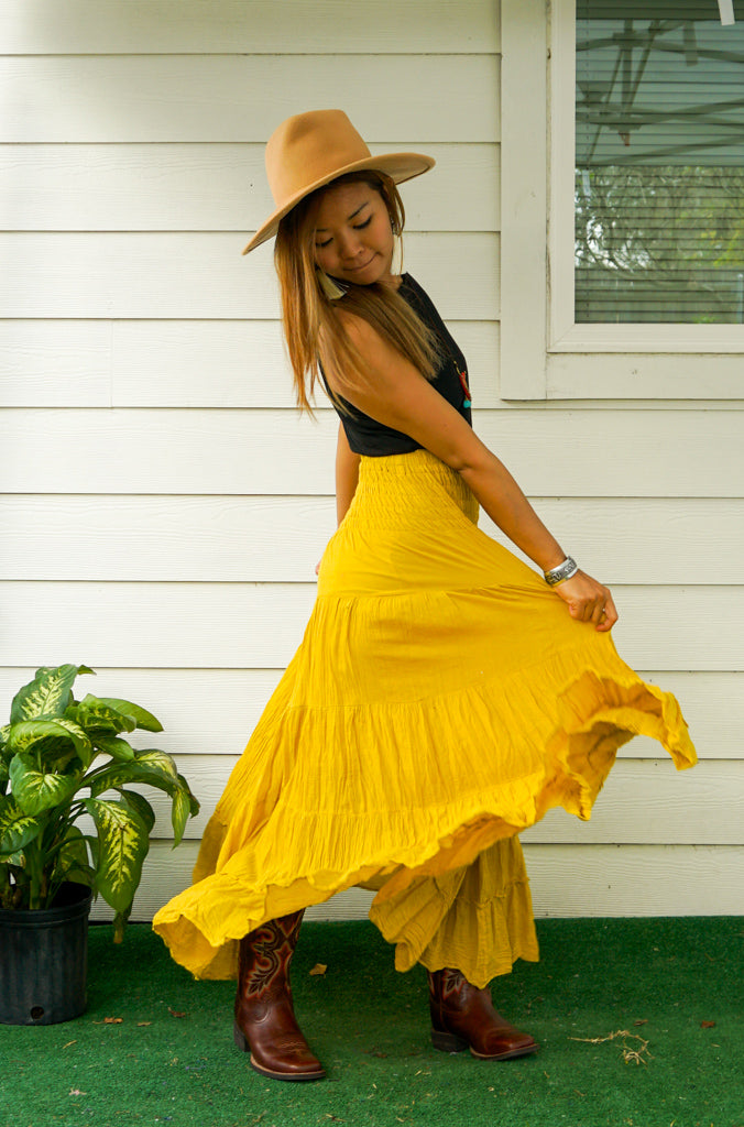 Yellow Raw Crinkled Organic Cotton Gauze Tiered Maxi Skirt