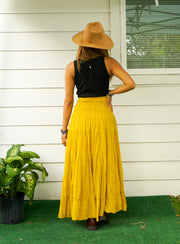 Yellow Raw Crinkled Organic Cotton Gauze Tiered Maxi Skirt