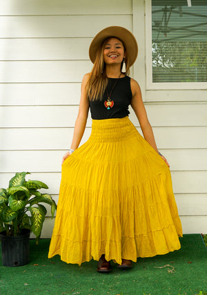 Yellow Raw Crinkled Organic Cotton Gauze Tiered Maxi Skirt