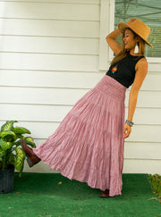 Pink Raw Crinkled Organic Cotton Gauze Tiered Maxi Skirt