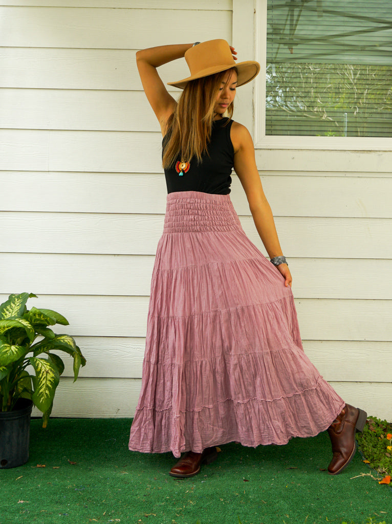 Pink Raw Crinkled Organic Cotton Gauze Tiered Maxi Skirt