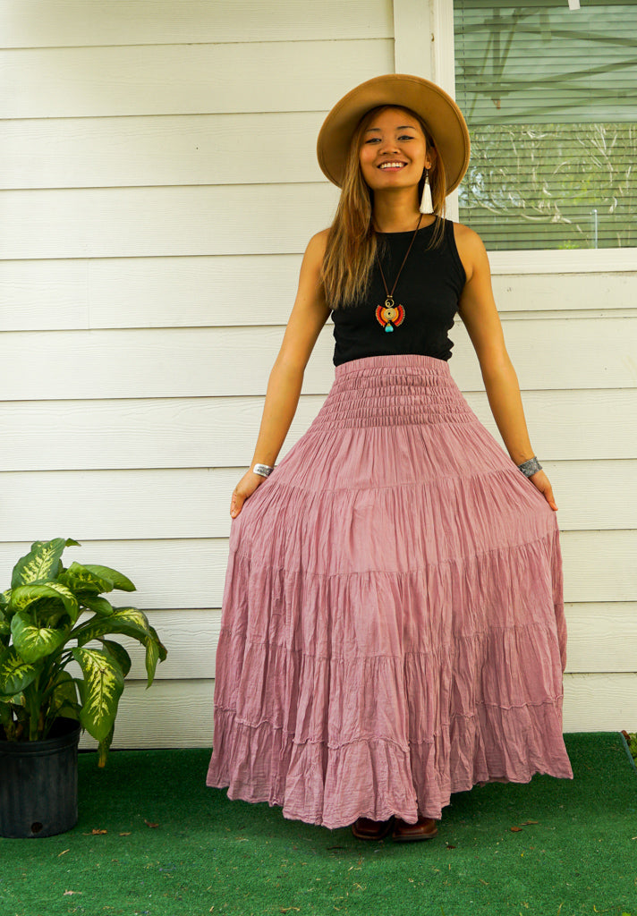 Pink Raw Crinkled Organic Cotton Gauze Tiered Maxi Skirt