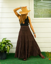 Brown Raw Crinkled Organic Cotton Gauze Tiered Maxi Skirt