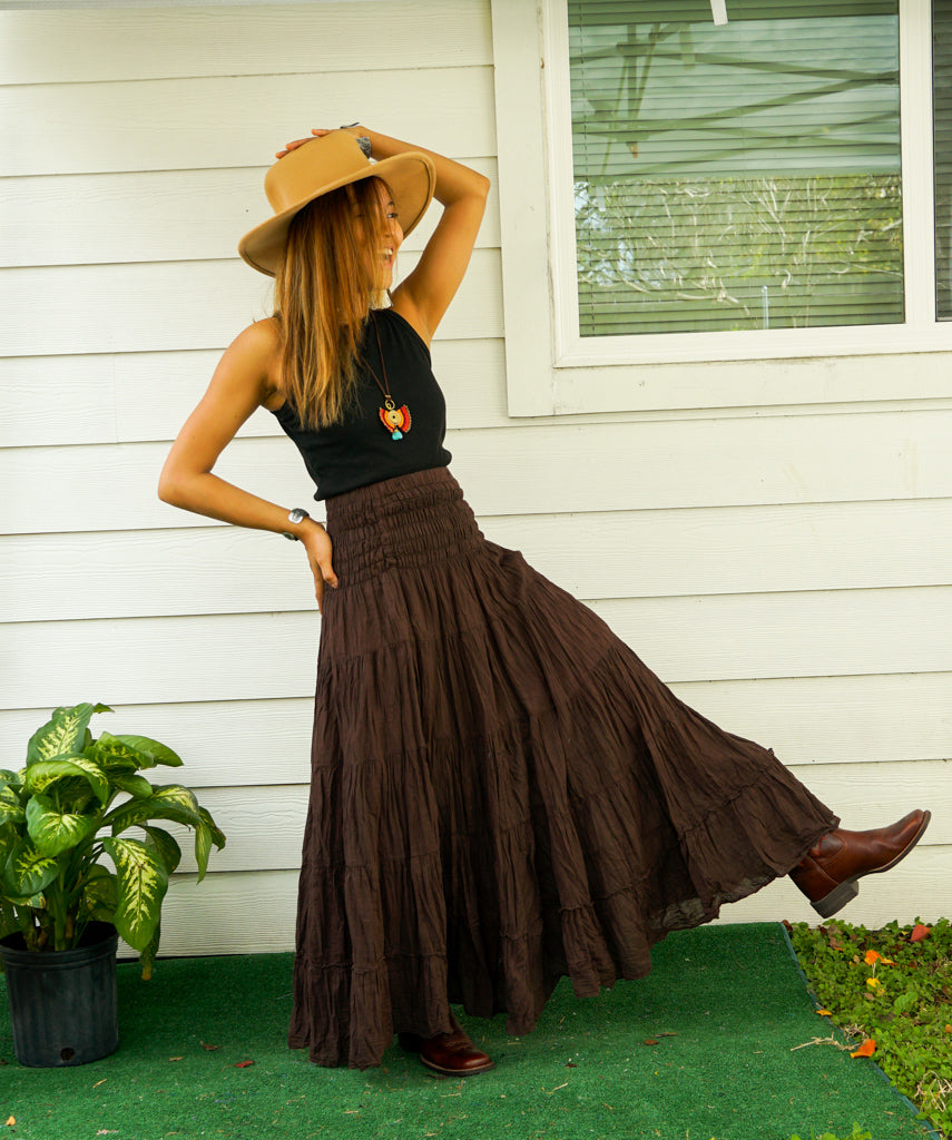 Brown Raw Crinkled Organic Cotton Gauze Tiered Maxi Skirt Lamsri Bohemian