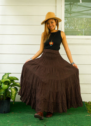 Brown Raw Crinkled Organic Cotton Gauze Tiered Maxi Skirt