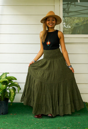 Olive Green Organic Double Gauze Cotton Tiered Maxi Skirt