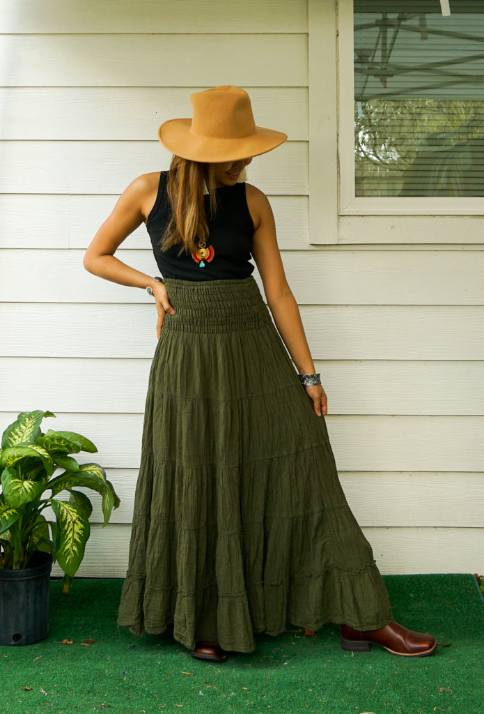 Olive Green Organic Double Gauze Cotton Tiered Maxi Skirt