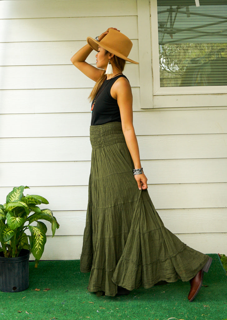 Olive Green Organic Double Gauze Cotton Tiered Maxi Skirt