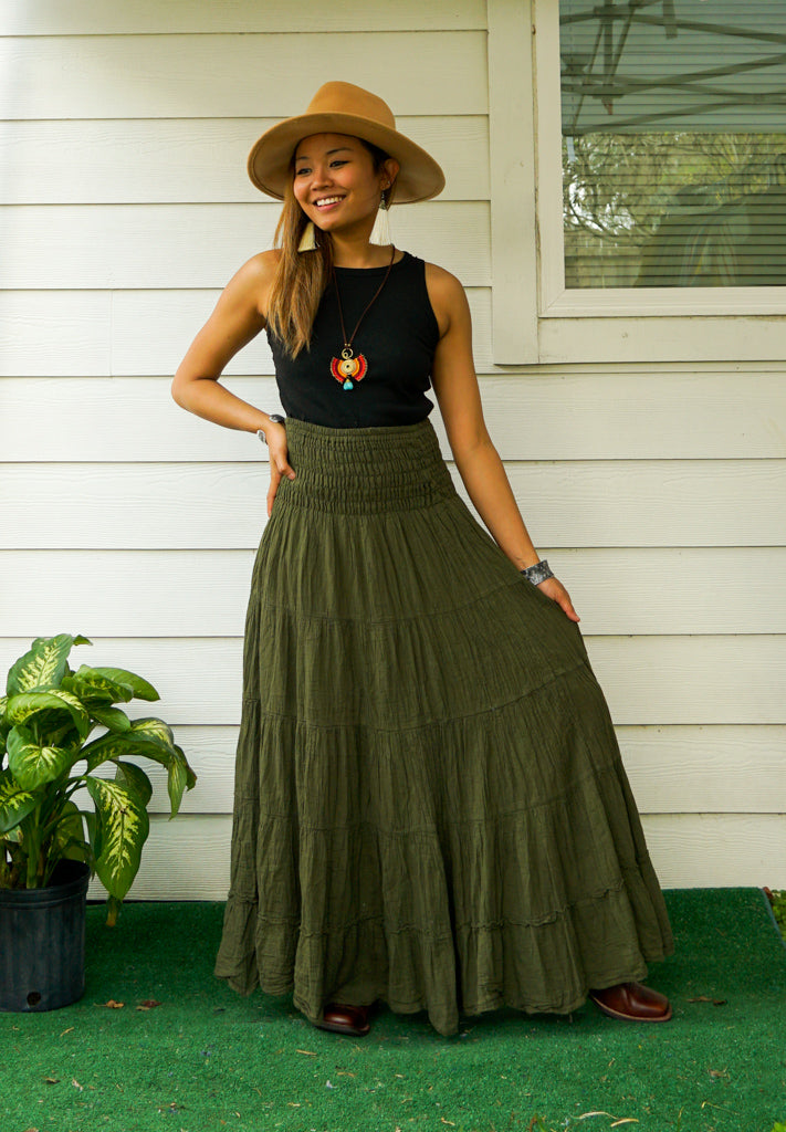 Olive Green Organic Double Gauze Cotton Tiered Maxi Skirt