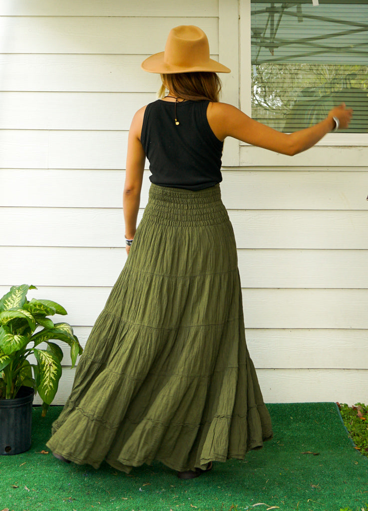 Olive Green Organic Double Gauze Cotton Tiered Maxi Skirt
