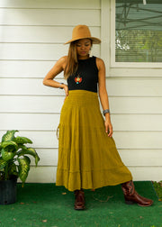 Mustard Yellow Organic Double Gauze Cotton Tiered Maxi Skirt