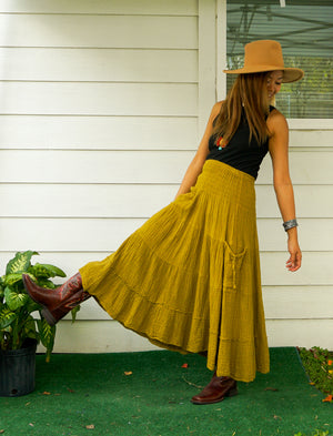 Mustard Yellow Organic Double Gauze Cotton Tiered Maxi Skirt