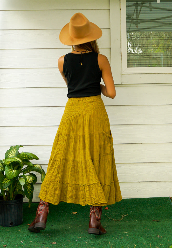 Mustard Yellow Organic Double Gauze Cotton Tiered Maxi Skirt