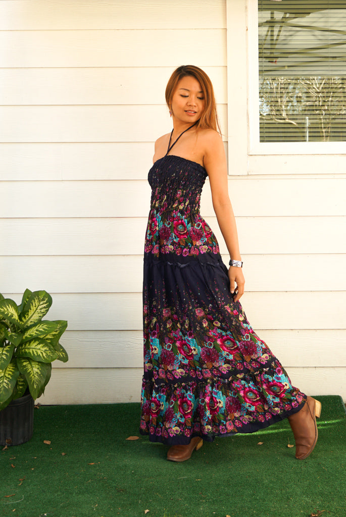 Blue Floral Tiered SunDress Maxi Dress