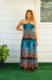 Teal Mandala Tiered SunDress Maxi Dress