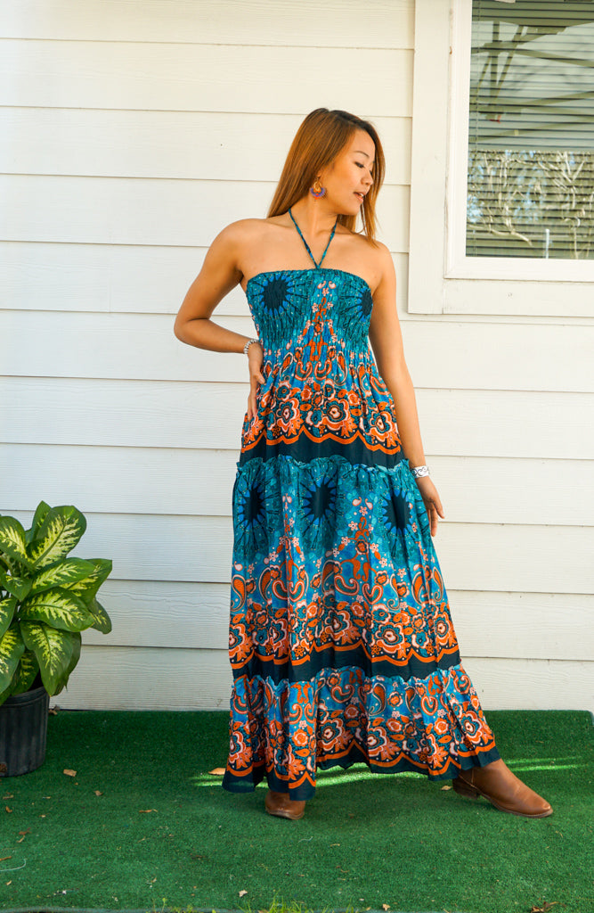 Teal Mandala Tiered SunDress Maxi Dress