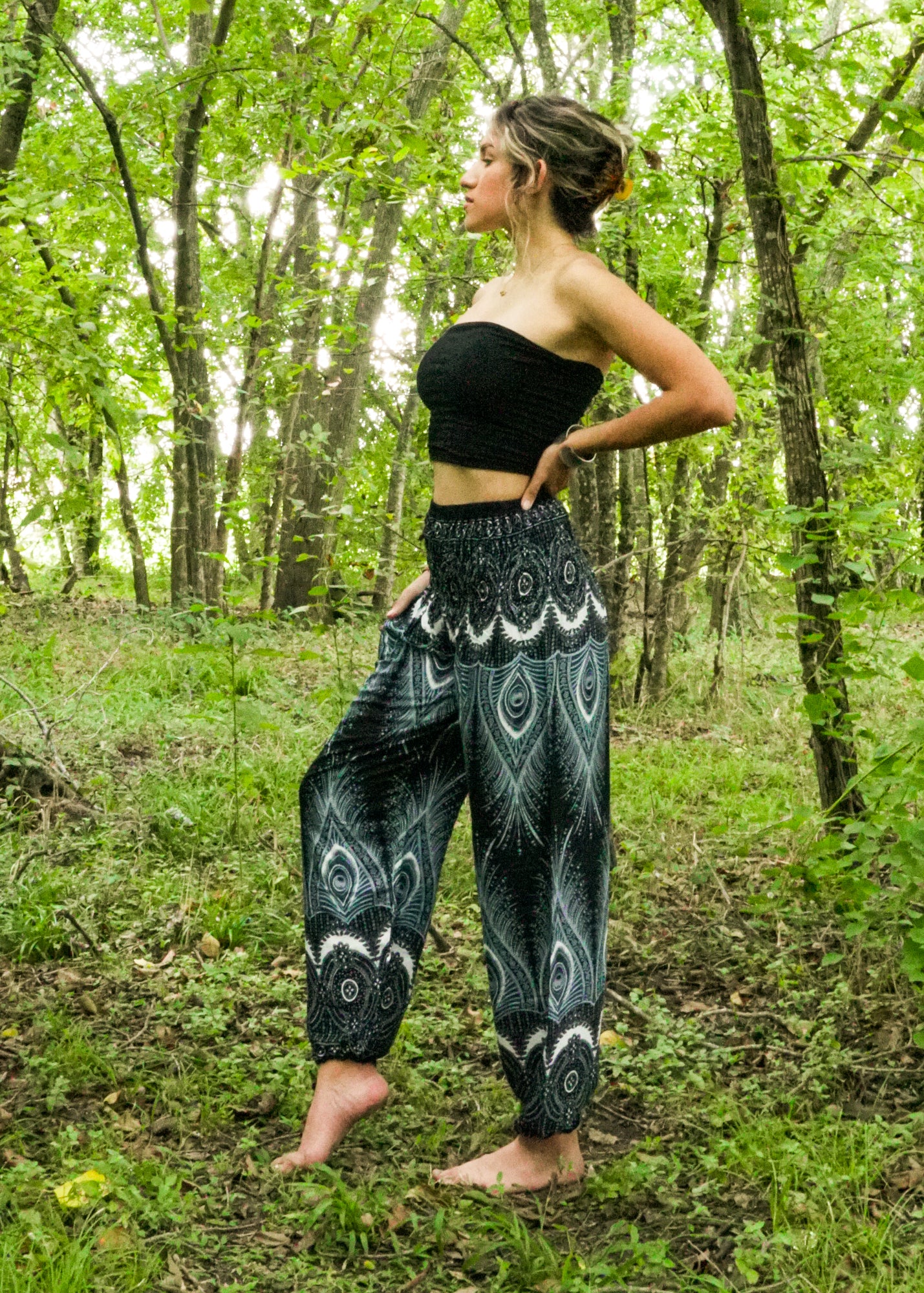 Black Royal Peacock Harem Pants