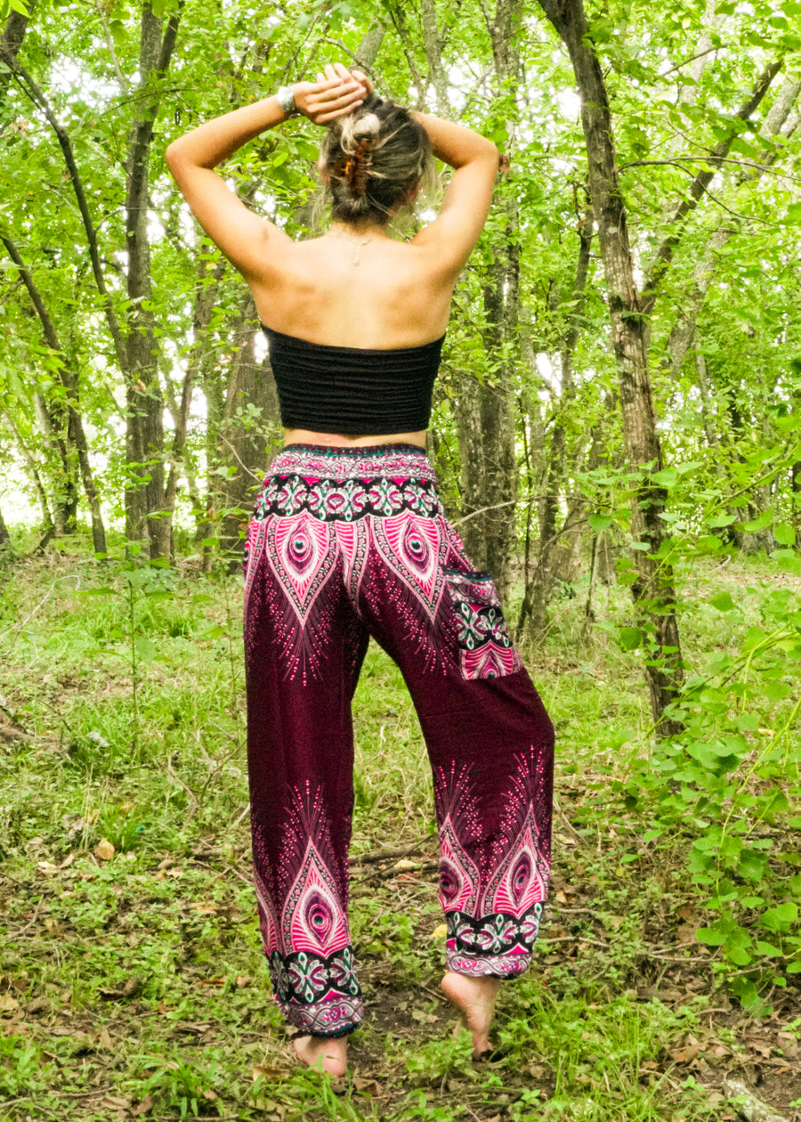 Burgundy Peace Peacock Harem Pants