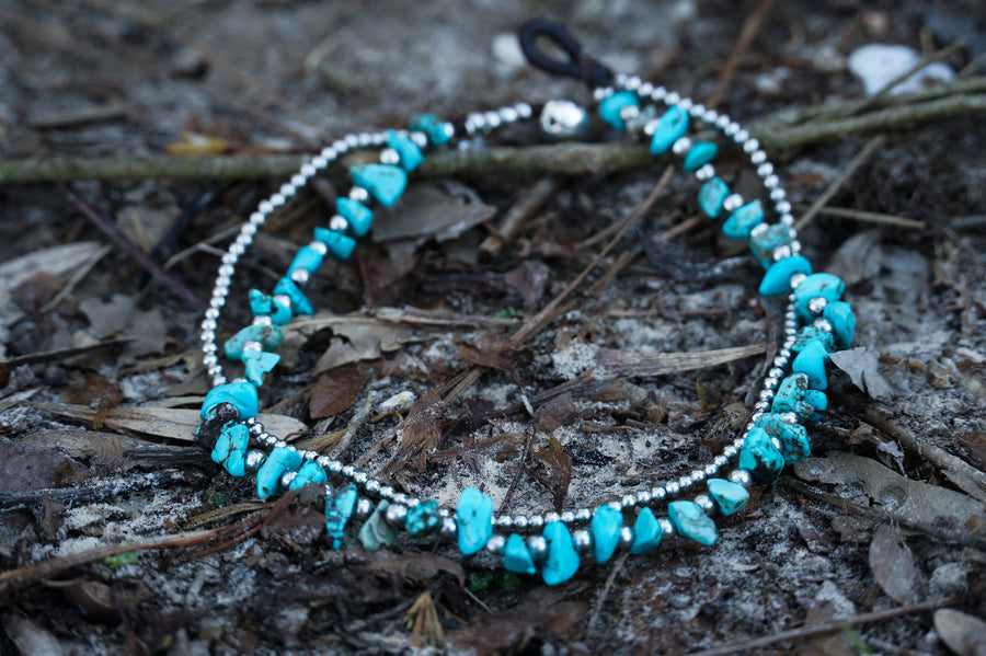 Turquoise Stone Double Strand Silver Anklet