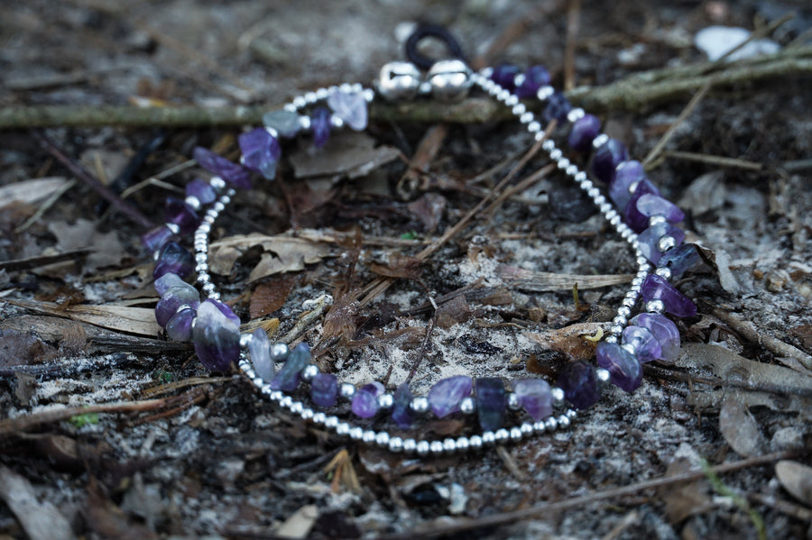 Purple Stone Double Strand Silver Anklet